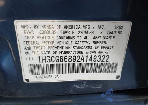 2002 Honda Accord 2.3 Ex/2.3 Se z USA, uszkodzony, nr VIN 1HGCG66892A149322